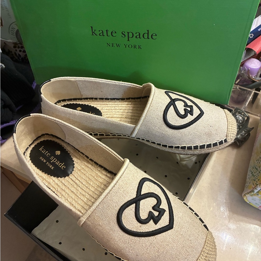 Kate Spade Tan Espadrilles with Black Heart Motif